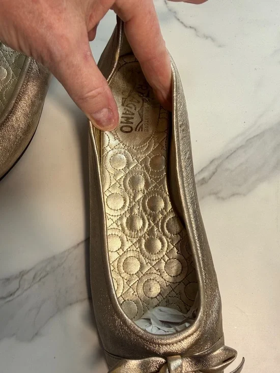 Salvatore Ferragamo Metallic Champagne Ballet Flats with Bow - Picture 3 of 6